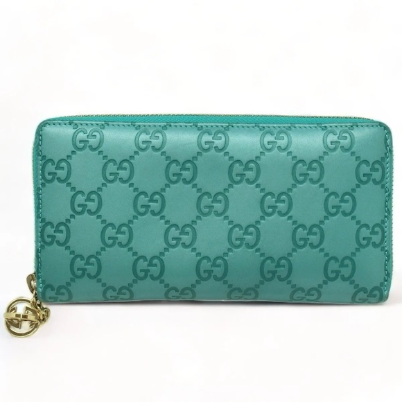 Gucci Guccissima Zip Around Long Wallet and Box Turquoise Blue Leather Authentic - Picture 6 of 8